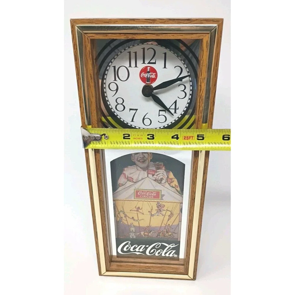 VGT 1994 Coca-Cola Coke Clown Wall Clock Wooden Case Battery Operated Art Deco